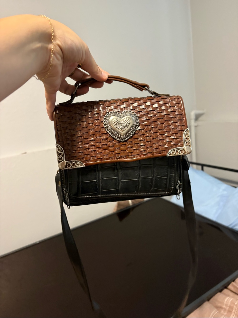 Woven Brown and Black Heart Accent Crossbody Bag